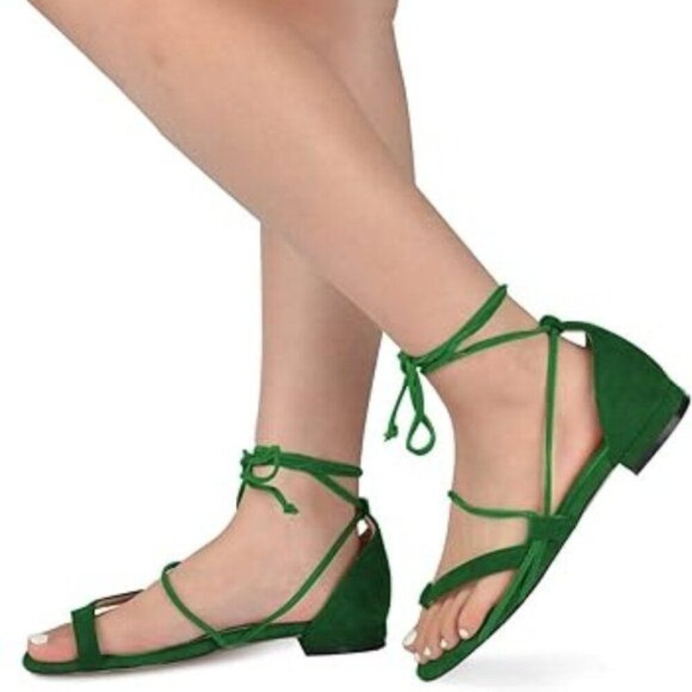 XYD Green Open Toe Strappy Low Heels Casual Comfort Lace Up Gladiator Roman